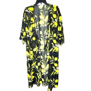 Luluroe Womens Open Sheer Long Kimono‎ M Lemons Floral Boho Cruise Resortwear